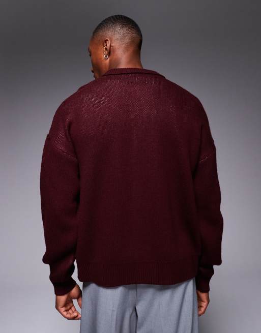 ASOS DESIGN - Bordeauxrød, afslappet og strikket polo med knapper og kontrastfarvede sømme, 4 af 4