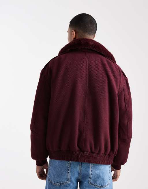 ASOS DESIGN - Bordeauxrød bomber-jakke i uldblanding med imiteret pelskrave , 3 af 5