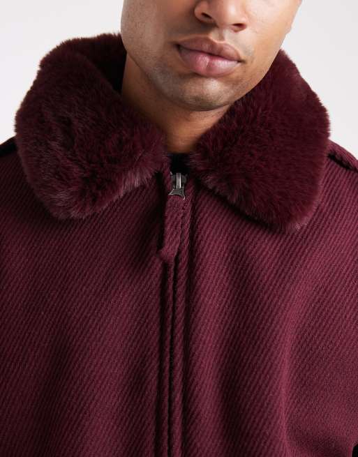 ASOS DESIGN - Bordeauxrød bomber-jakke i uldblanding med imiteret pelskrave , 4 af 5