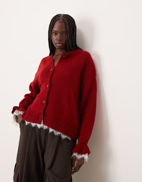 ASOS DESIGN - Bordeauxrød cardigan i strik med blondeindlæg og knapper - view 1