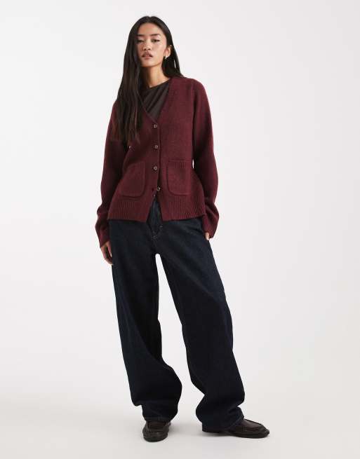 ASOS DESIGN - Bordeauxrød cardigan med tætsiddende talje og V-hals samt lommedetalje, 2 af 4