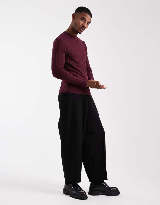 ASOS DESIGN - Bordeauxrød langærmet T-shirt i slim fit med vide ribber , 2 af 5