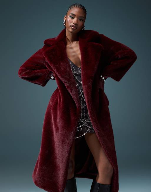 ASOS DESIGN - Bordeauxrød longline-frakke i imiteret pels med bælte, 3 af 4
