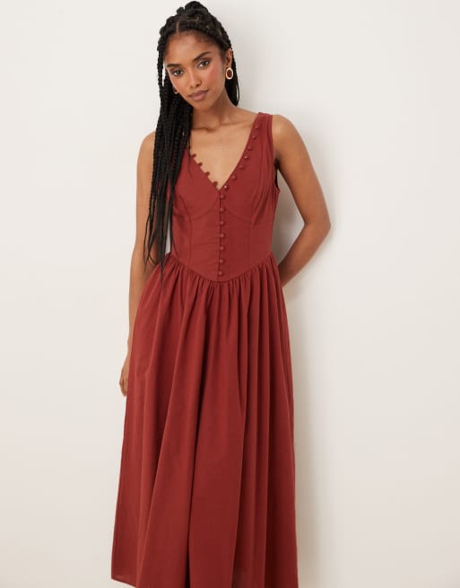 ASOS DESIGN - Bordeauxrød maxi-sommerkjole med sænket talje og v-hals samt knapper, 2 af 4