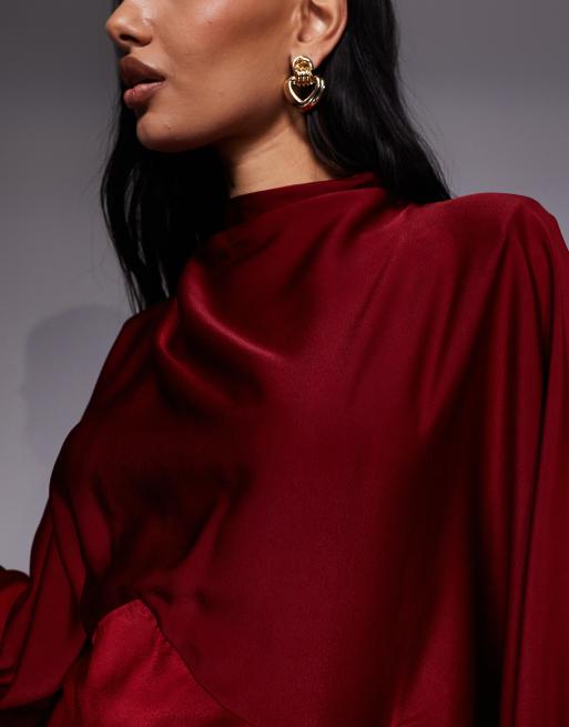 ASOS DESIGN - Bordeauxrød maxikjole i satin med ståkrave og overdrevne ærmer, 2 af 4