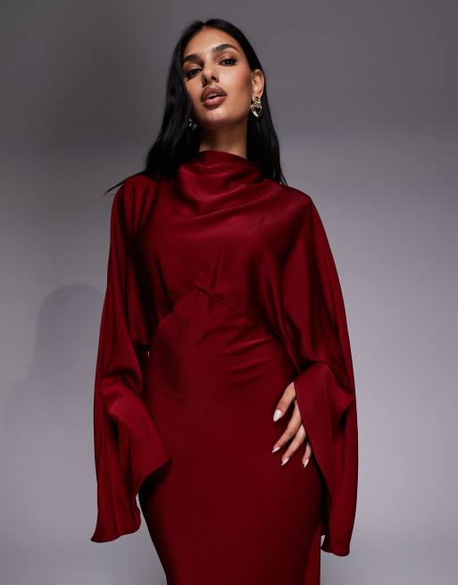 ASOS DESIGN - Bordeauxrød maxikjole i satin med ståkrave og overdrevne ærmer, 3 af 4