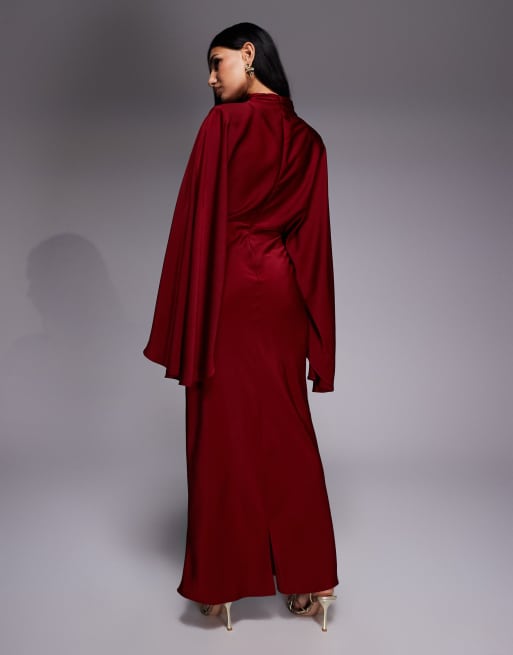 ASOS DESIGN - Bordeauxrød maxikjole i satin med ståkrave og overdrevne ærmer, 4 af 4