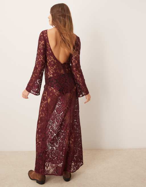 ASOS DESIGN - Bordeauxrød maxikjole med blonder og engleærmer, 3 af 4