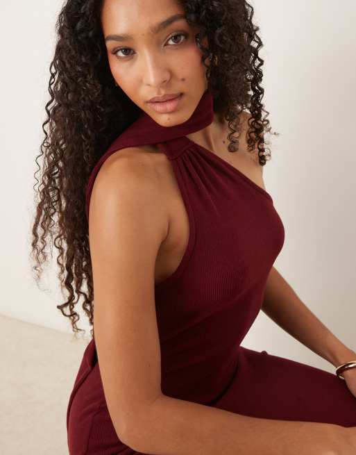 ASOS DESIGN - Bordeauxrød midikjole med oneshoulder-design og halstørklædedetalje i halsen, 2 af 4