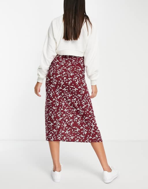 ASOS DESIGN - Bordeauxrød midinederdel med lårslids og blomstermønster, 2 af 4
