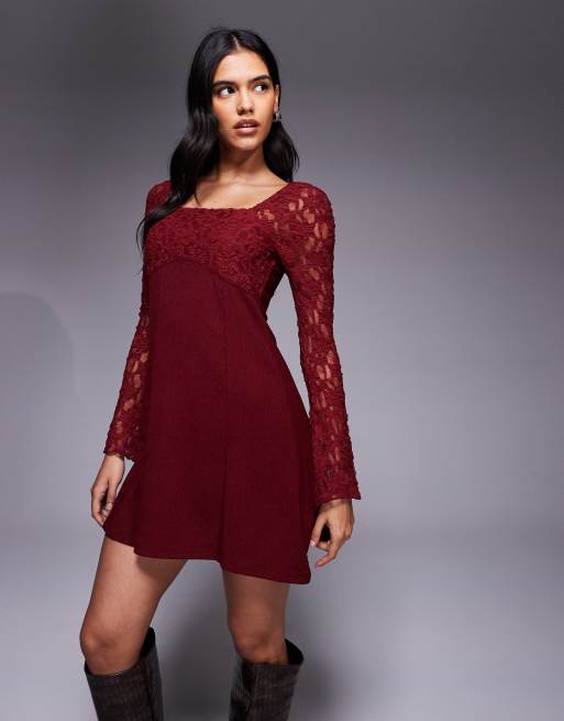 ASOS DESIGN - Bordeauxrød minikjole med firkantet hals og blondeærmer, 2 af 4