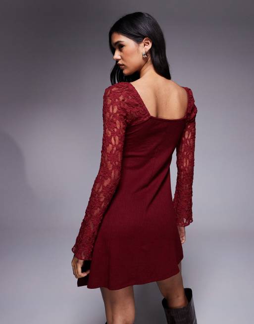 ASOS DESIGN - Bordeauxrød minikjole med firkantet hals og blondeærmer, 4 af 4