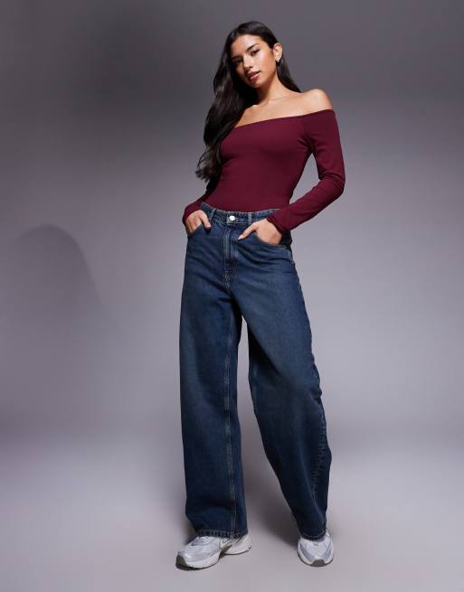 ASOS DESIGN - Bordeauxrød offshoulder-bodystocking i bomuld, 2 af 4
