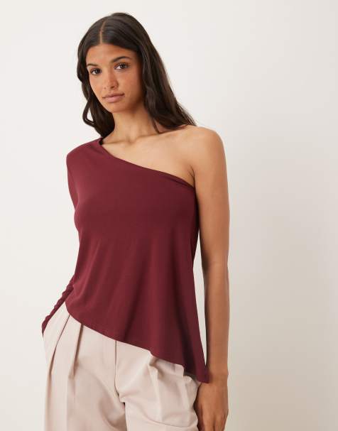 ASOS DESIGN - Bordeauxrød og asymmetrisk oneshoulder-top med lange ærme og skulderpude - view 1