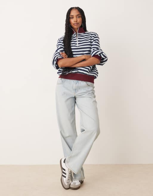 ASOS DESIGN - Bordeauxrød og blå sweatshirt med striber og kort lynlås, 3 af 4