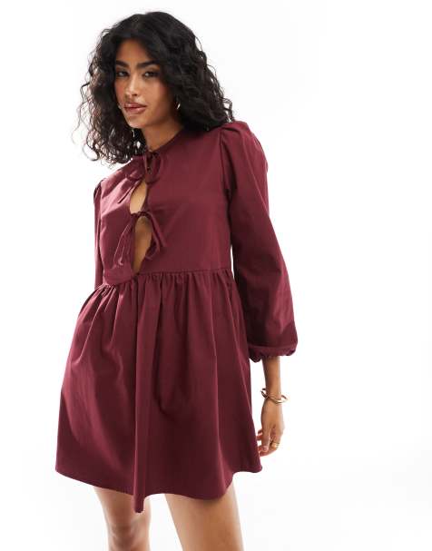 ASOS DESIGN - Bordeauxrød og langærmet kjole med bindebånd fortil i poplin - view 1
