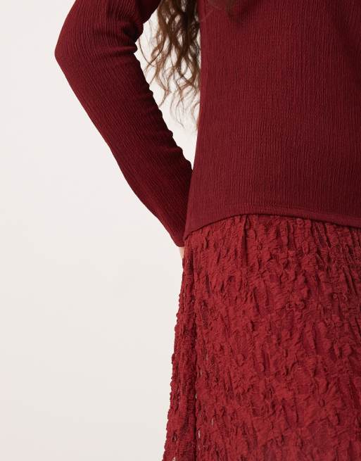 ASOS DESIGN - Bordeauxrød og langærmet midikjole med sænket talje og blondeskørt, 2 af 4