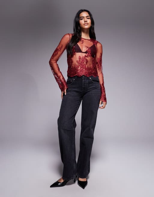 ASOS DESIGN - Bordeauxrød og langærmet top i gennemsigtigt materiale med bølgekant, 4 af 4