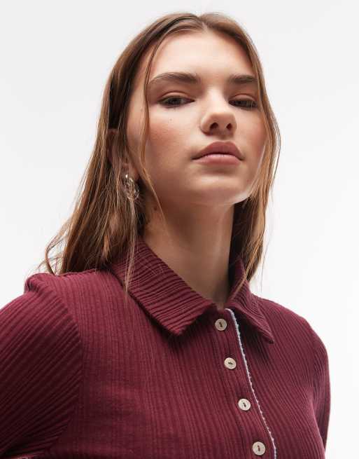 ASOS DESIGN - Bordeauxrød og lyseblå polotop i dobbeltlag med krave og knapper foran, 4 af 4
