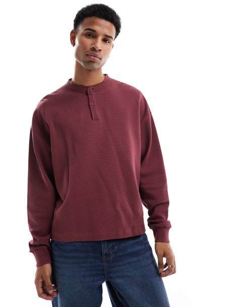 ASOS DESIGN - Bordeauxrød og oversized T-shirt med lange ærmer og Henley-detaljer samt vaffeltekstur og firkantet pasform - view 1
