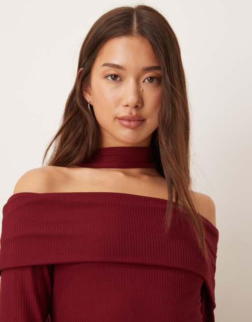 ASOS DESIGN - Bordeauxrød og ribstrikket bardot-minikjole med tørklædedetalje, 4 af 4