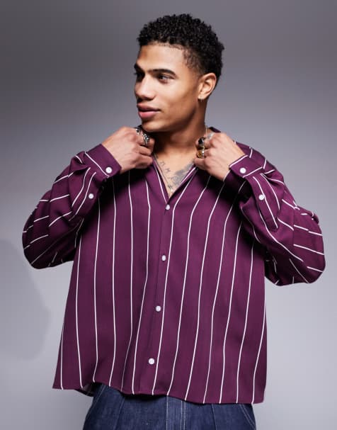 ASOS DESIGN - Bordeauxrød og stribet skjorte i oversized og firkantet pasform med reverskrave - view 1
