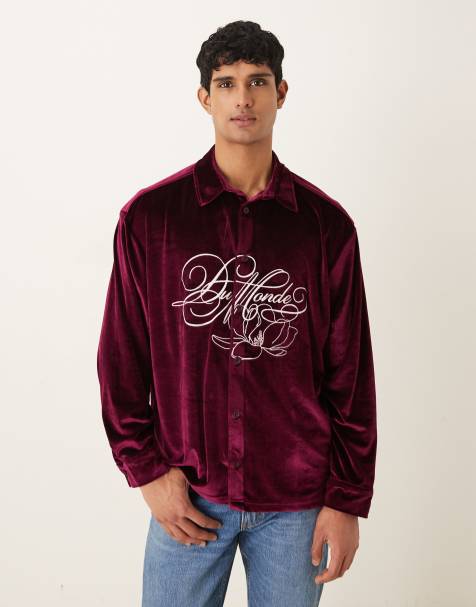 ASOS DESIGN - Bordeauxrød oversized skjorter i velour med broderi - view 1