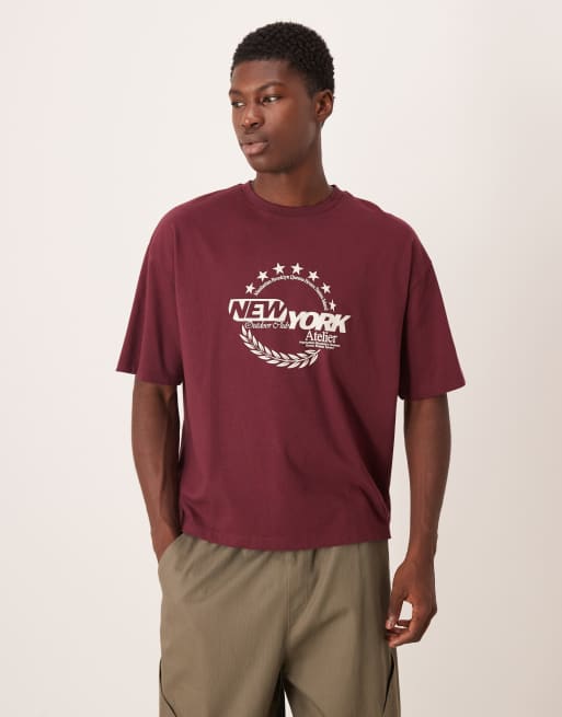 ASOS DESIGN - Bordeauxrød oversized T-shirt med firkantet pasform og New York-grafik