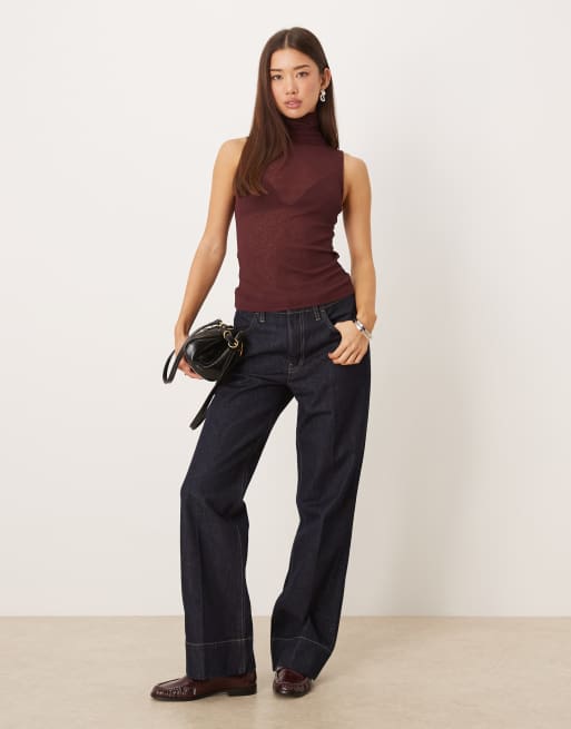 ASOS DESIGN - Bordeauxrød ærmeløs top i gennemsigtig gaze-mesh med rullekrave, 2 af 4