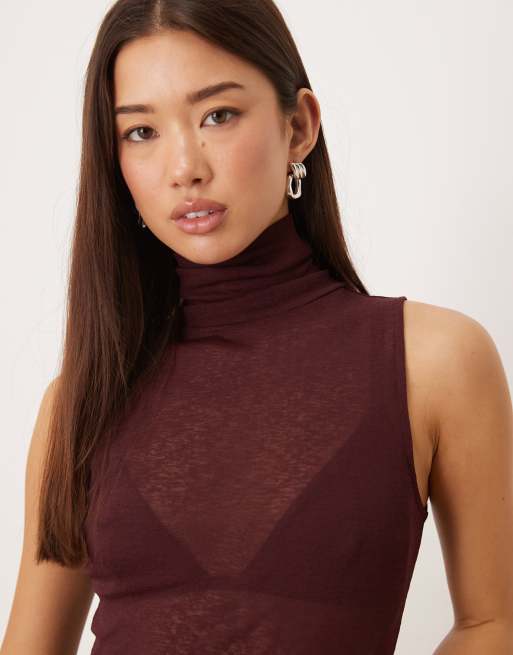 ASOS DESIGN - Bordeauxrød ærmeløs top i gennemsigtig gaze-mesh med rullekrave, 3 af 4