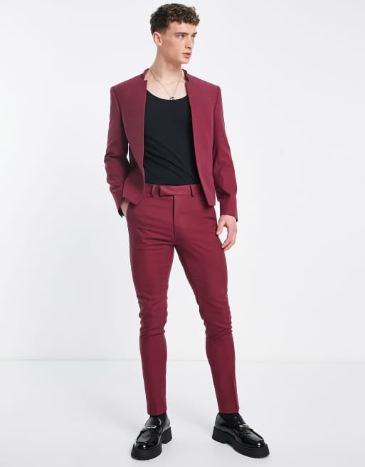 ASOS DESIGN - Bordeauxrød skinny-habitjakke uden krave med halshak, 4 af 4
