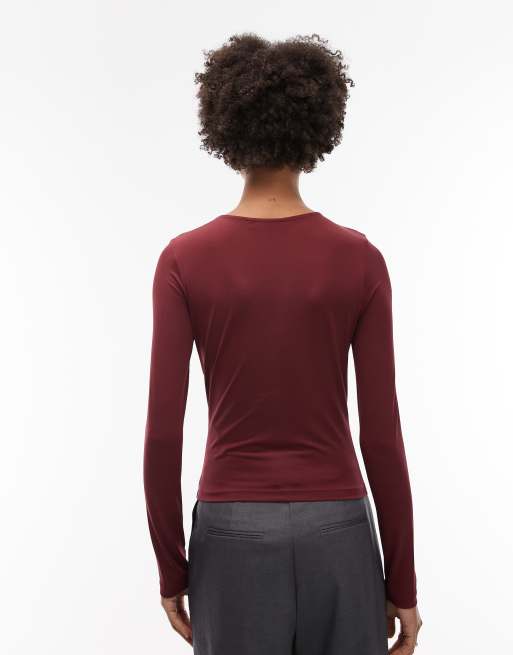 ASOS DESIGN - Bordeauxrød stram langærmet top med udskæring og snoningsdetalje, 2 af 4