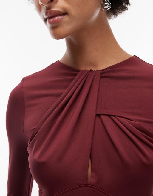 ASOS DESIGN - Bordeauxrød stram langærmet top med udskæring og snoningsdetalje, 3 af 4