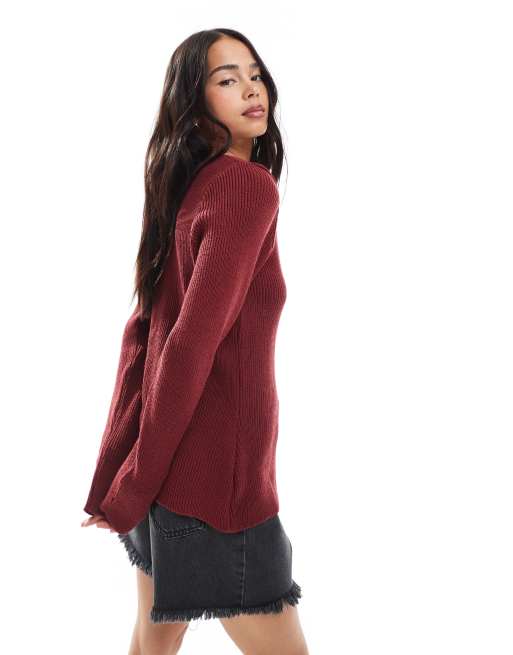 ASOS DESIGN - Bordeauxrød, strikket og struktureret cardigan med V-hals og guldfarvede knapper, 4 af 4