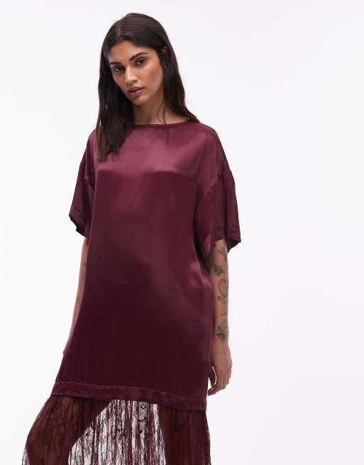 ASOS DESIGN - Bordeauxrød T-shirt-kjole i maxilængde i satin med nederdel i blondemateriale, 2 af 4