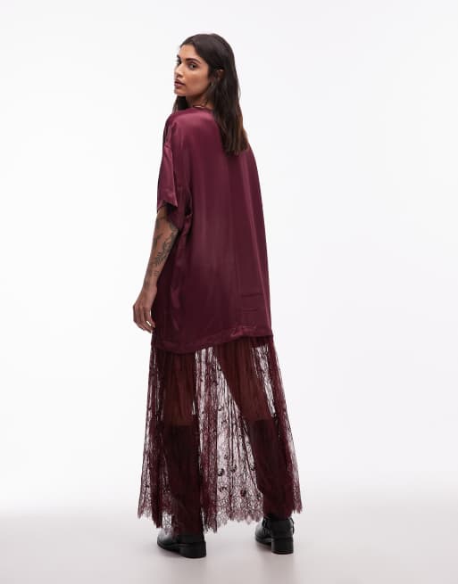 ASOS DESIGN - Bordeauxrød T-shirt-kjole i maxilængde i satin med nederdel i blondemateriale, 4 af 4