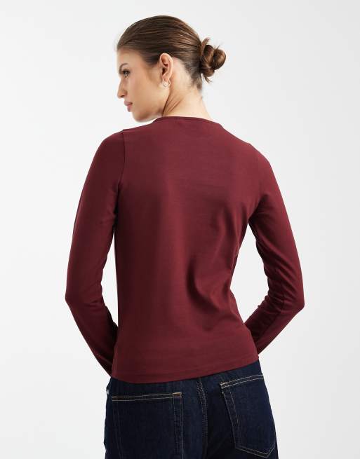 ASOS DESIGN - Bordeauxrød T-shirt med rund hals og lange ærmer i bomulds-/elastanblanding, 4 af 4