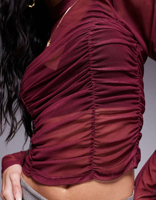 ASOS DESIGN - Bordeauxrød top i gennemsigtigt mesh med lange ærmer og rynker, 4 af 4