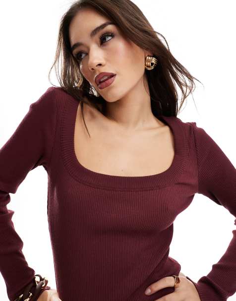 ASOS DESIGN - Bordeauxrød top med kompakte ribber og super dyb rund hals - view 1