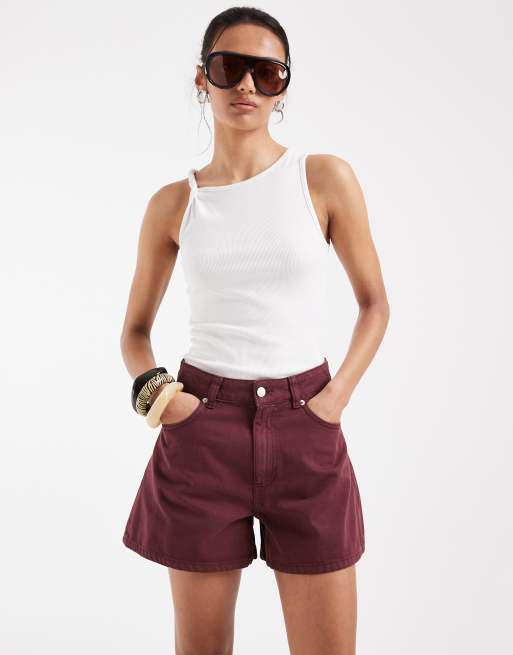 ASOS DESIGN - Bordeauxrøde lange A-formede shorts i denim, 3 af 5