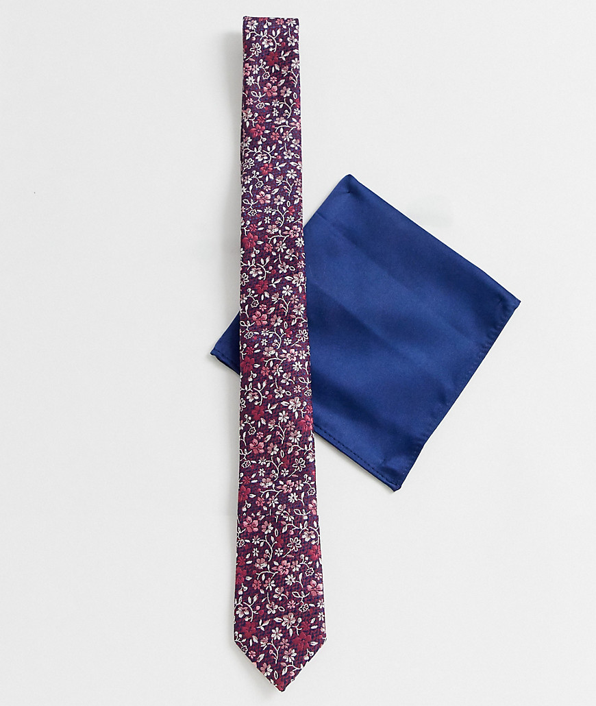 ASOS DESIGN - Bordeauxrode stropdas met fijne print en blauwe pochet-Multi