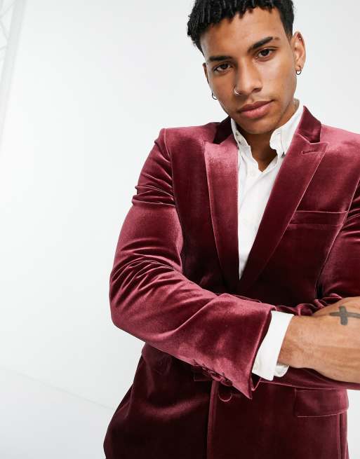 ASOS DESIGN – Bordowa aksamitna marynarka smokingowa o bardzo obcisłym kroju