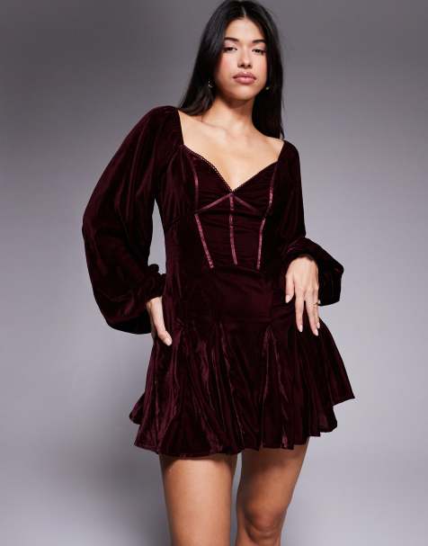 ASOS DESIGN – Bordowa aksamitna sukienka gorsetowa mini z obszernymi rękawami z obcisłym mankietem - view 1