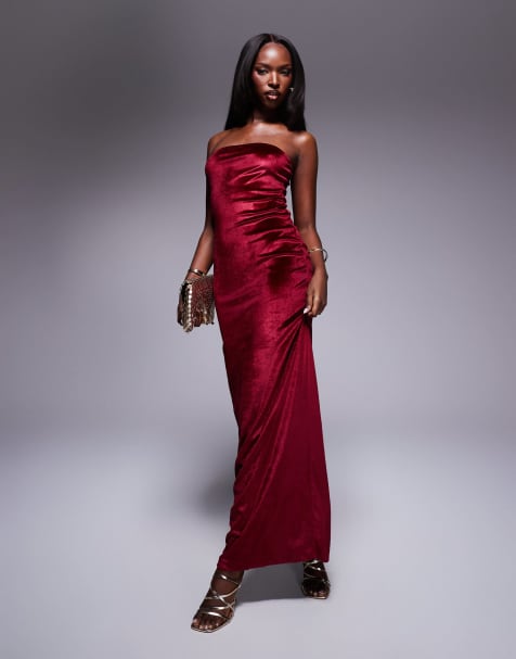 ASOS DESIGN – Bordowa aksamitna sukienka maxi z dekoltem bandeau - view 1