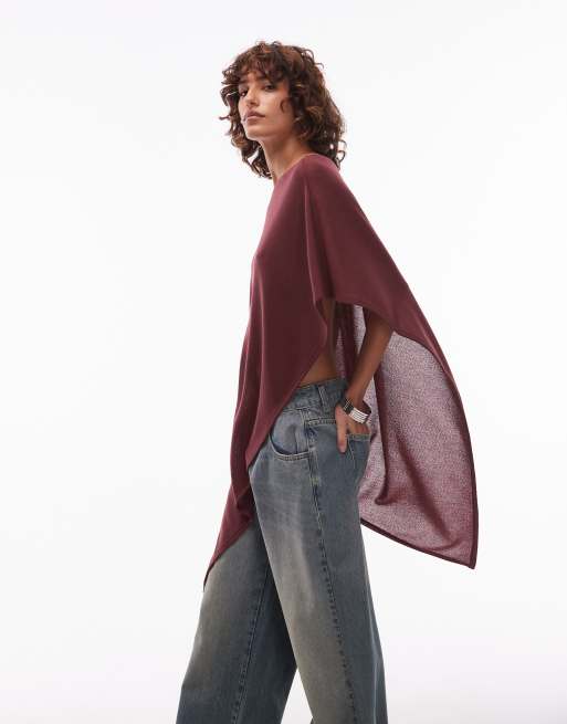 ASOS DESIGN – Bordowa asymetryczna peleryna na jedno ramię z lekko prześwitującego materiału imitującego dzianinę