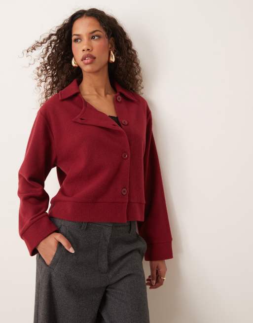 ASOS DESIGN – Bordowa bardzo miękka kurtka oversize z asymetrycznym kołnierzem