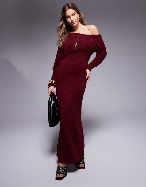 ASOS DESIGN – Bordowa bardzo miękka sukienka midaxi z odkrytym ramieniem z puszystej dzianiny - view 1