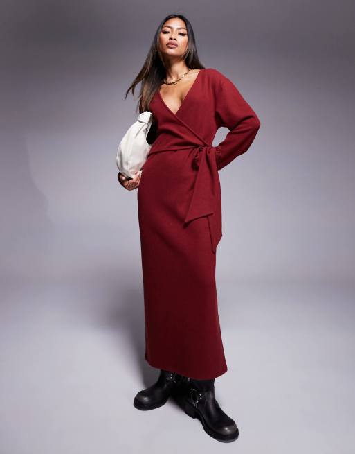 ASOS DESIGN – Bordowa bardzo miękka sukienka midi z głębokim dekoltem i wiązaniem z przodu