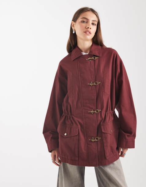 ASOS DESIGN cotton four pocket parka with trim detail in burgundy
