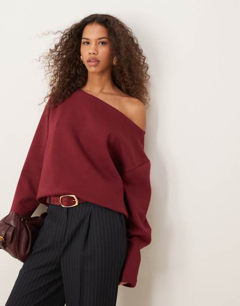 ASOS DESIGN – Bordowa bluza oversize z odsłoniętym ramieniem i szwem interlock - view 1